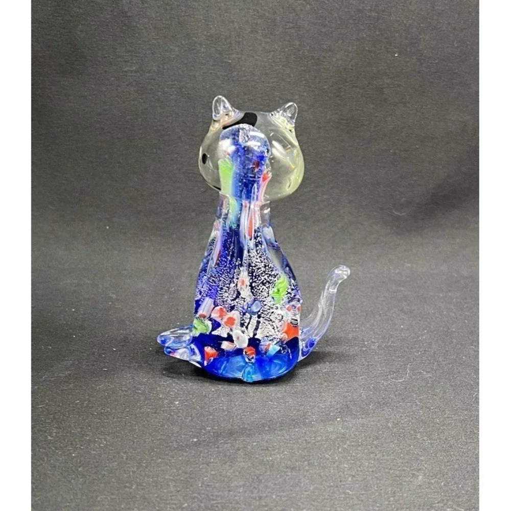 MURANO GLASS CAT FIGURINE OR PAPERWEIGHT Silver Argento Blue Millefiori 4.5